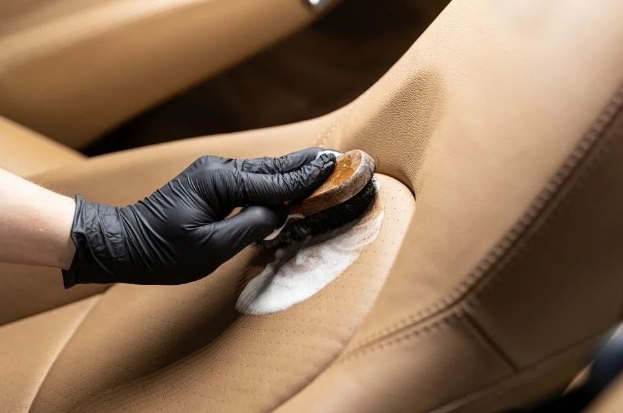 Person cleaning a car seat with a brush, applying foam on leather upholstery, emphasizing car detailing and maintenance.