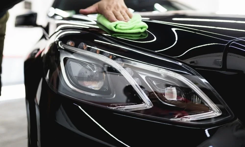 Person polishing the hood of a black vehicle with a green microfiber cloth, highlighting auto detailing and ceramic coating services.