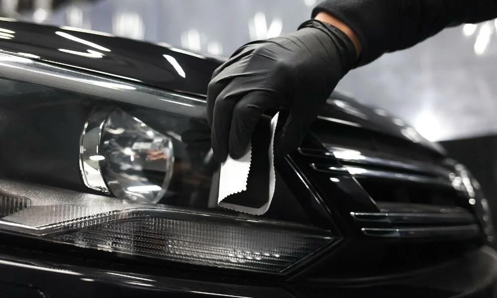 Person applying ceramic coating to a black vehicle's headlight, showcasing auto detailing and protective services relevant to vehicle care.