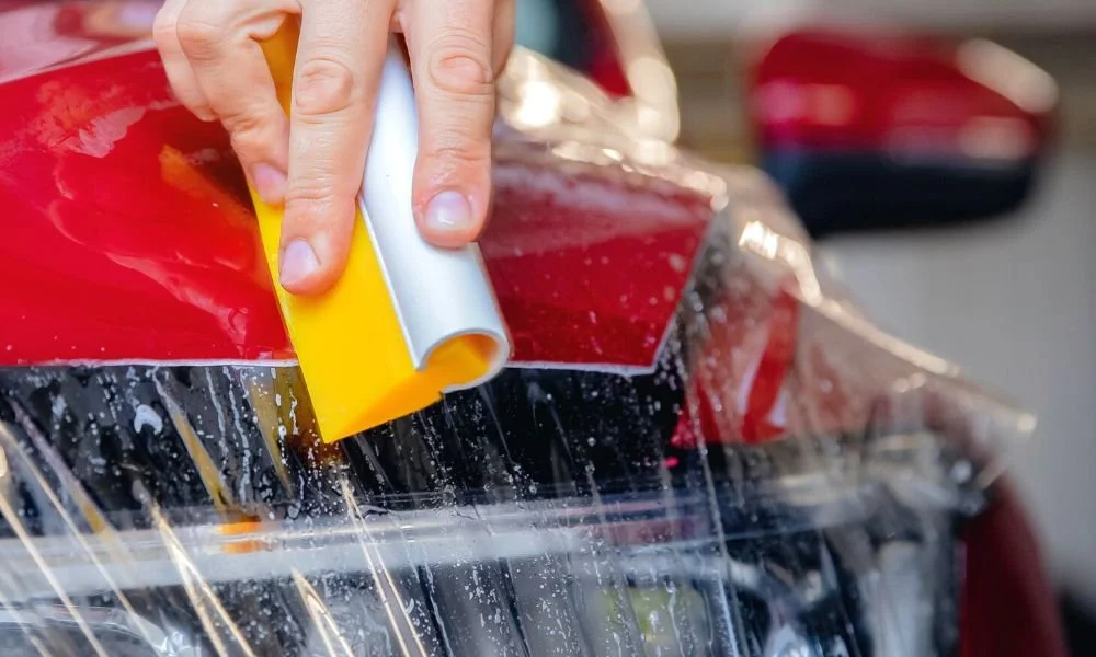 Person applying a protective vinyl wrap on a red car hood, demonstrating car detailing techniques for vehicle maintenance and protection.