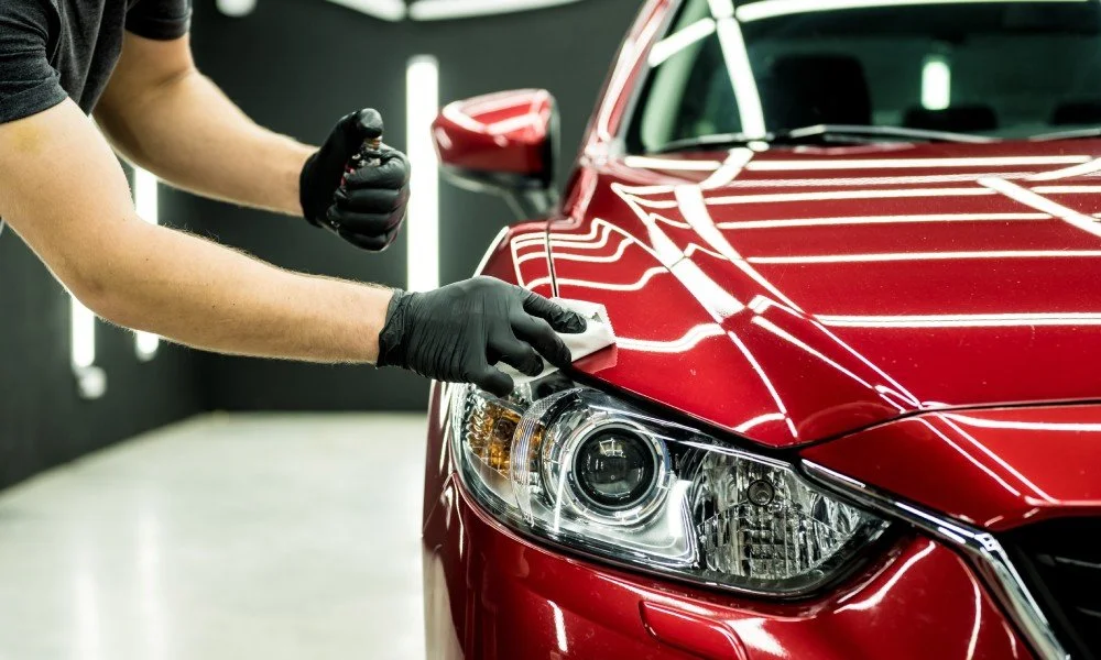 Person applying ceramic coating to a red car's hood, demonstrating car detailing techniques in a professional setting.