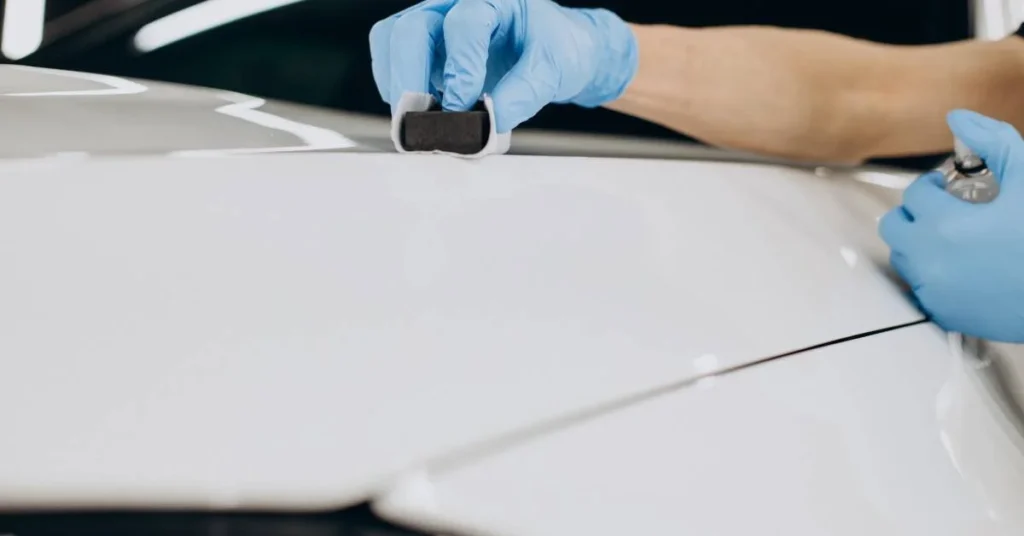 Person applying ceramic coating to a white car's surface, wearing blue gloves, demonstrating vehicle protection techniques relevant to automotive detailing services in Omaha.