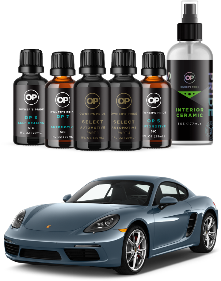 Owner's Pride ceramic coating products displayed alongside a luxury car, showcasing advanced automotive protection solutions for long-lasting vehicle appearance and maintenance ease.