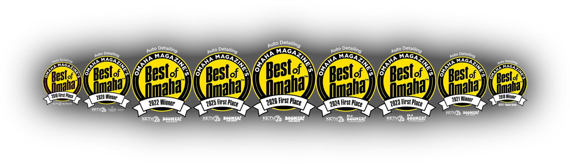Awards and recognition badges for Owner's Pride, featuring "Best of Omaha" titles from 2018 to 2025 for auto detailing services.
