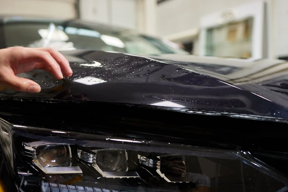 Hand touching a freshly installed paint protection film on a black car hood, highlighting the film's glossy surface and water-repellent properties in an automotive detailing setting.